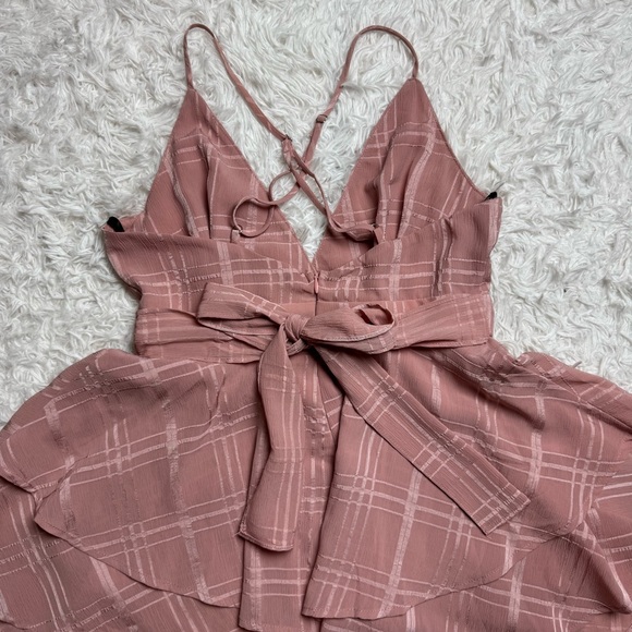 Dusty Pink Romper | Frilly Mini Dress Spaghetti Straps V-Neck | Coquette - Picture 3 of 11